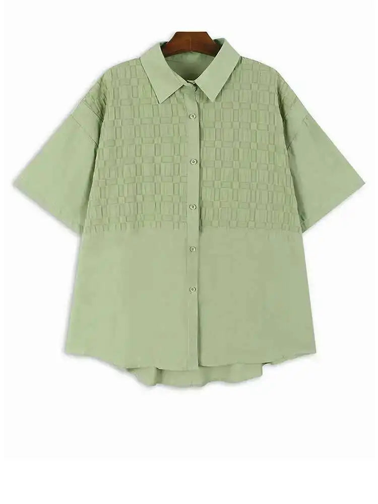 Women Green Plaid Pleated Big Size Casual Blouse New Lapel Short Sleeve Shirt Fashion Tide Spring Summer 2025 1DH6308