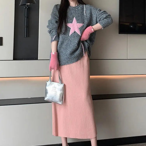 Load image into Gallery viewer, Autumn Winter Women Solid Straight Knitted Skirt Elastic High Waist Office Ladies Striped Wrapped Hip Long Skirts Popular
