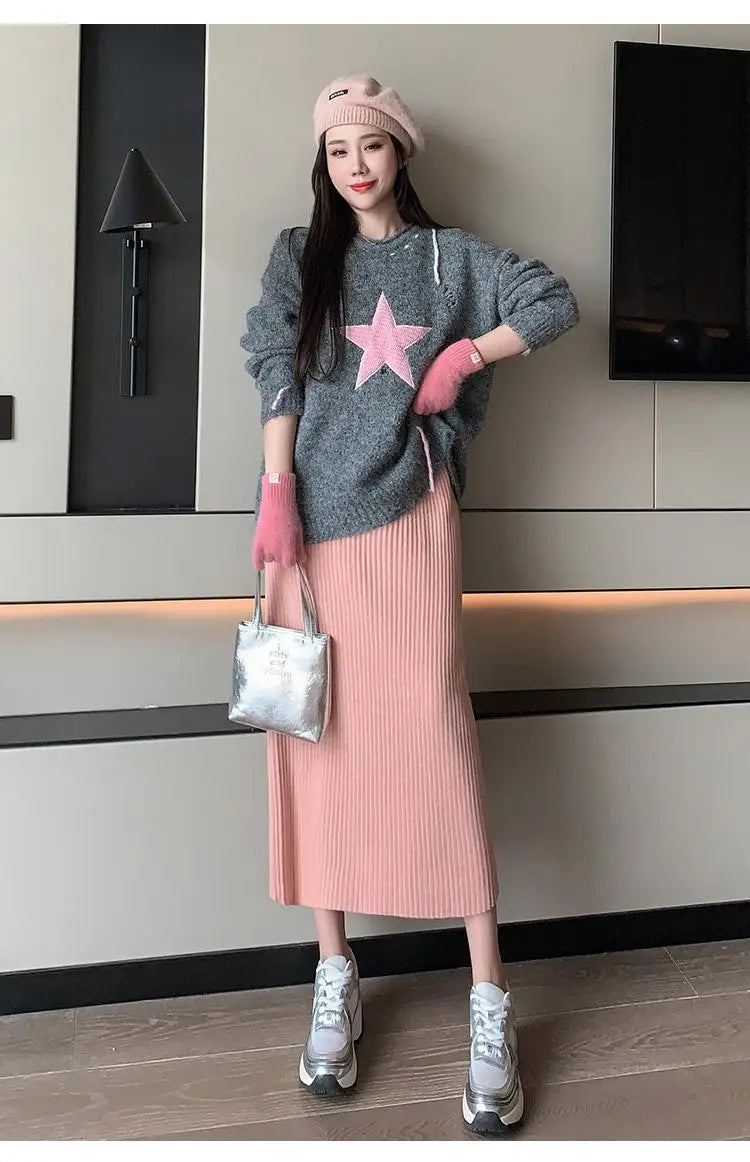 Autumn Winter Women Solid Straight Knitted Skirt Elastic High Waist Office Ladies Striped Wrapped Hip Long Skirts Popular