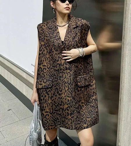 Women Leopard Print Big Size Casual Vintage Mini Vest Dress New Lapel Sleeveless Fashion Tide Spring Autumn 2025 1DH5205