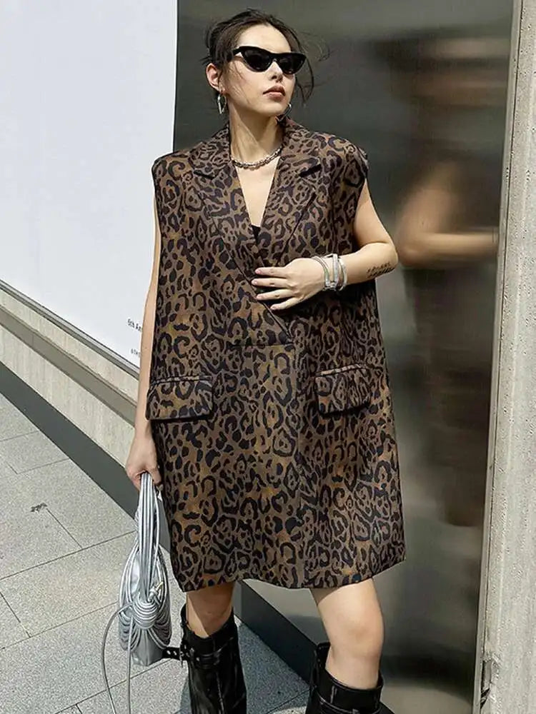 Women Leopard Print Big Size Casual Vintage Mini Vest Dress New Lapel Sleeveless Fashion Tide Spring Autumn 2025 1DH5205