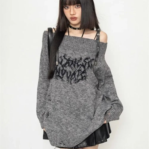 Load image into Gallery viewer, Harajuku Gothic Sexy Off Shoulder Knitted Jumpers Grunge Jacquard Sweater Fashion Knitwear Y2k Aesthetic Slash Neck Pullover
