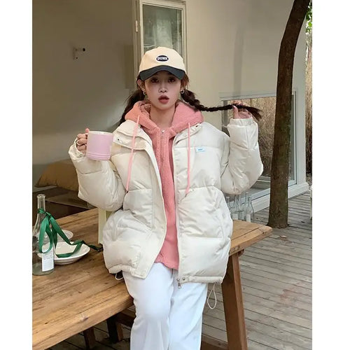 Load image into Gallery viewer, Women Autumn Winter New Beige Patchwork Long Sleeve Short Down Cotton Jacket Black Hooded Warm Elegant Coat Casual Thick Clothes
