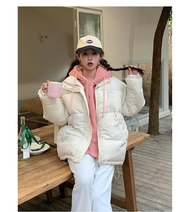 Women Autumn Winter New Beige Patchwork Long Sleeve Short Down Cotton Jacket Black Hooded Warm Elegant Coat Casual Thick Clothes