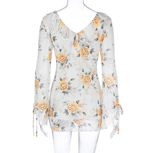 Load image into Gallery viewer, Sexy Long Sleeve Flower Deep V-neck Print Backless Mini Dress For Women Slim Lace-Up Club Party Dress Ladies Outfits
