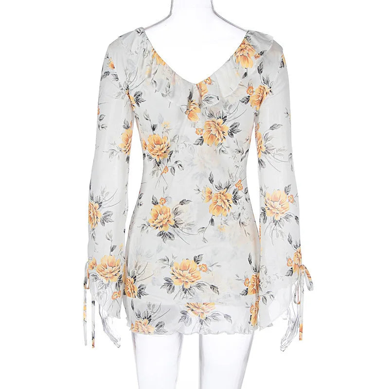 Sexy Long Sleeve Flower Deep V-neck Print Backless Mini Dress For Women Slim Lace-Up Club Party Dress Ladies Outfits