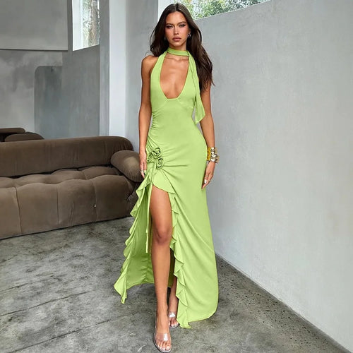 Load image into Gallery viewer, Flower Draped Split Long Dress For Women Fashion Halter Deep V Neck Sleeveless Backless Bodycon Club Party Long Dress
