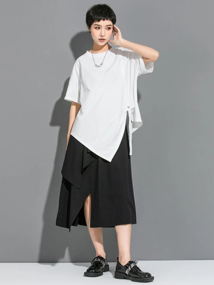 Women White Irregular Pleated Big Size Casual T-shirt New Round Neck Short Sleeve Fashion Tide Spring Summer 2025 1DJ1750