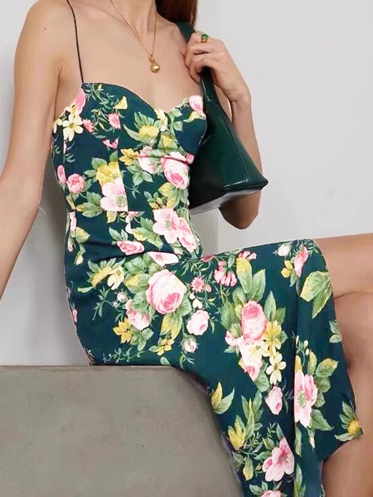 Colorblock Floral Printing Sexy Camisole Dresses For Women Square Collar Sleeveless High Waist Off Shoulder Dress Female New