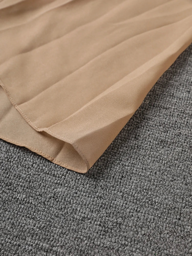 Women Khaki Pleated Slim Elegant Long Party Dress New Slash Neck Sleeveless Fashion Tide Spring Autumn 2025 CPG2992