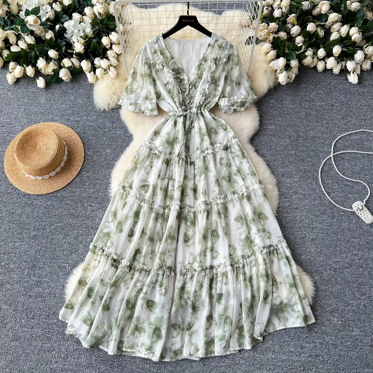 French Retro Women Floral Temperament V Neck Short Sleeved Ruffles Long Dress Summer Elegant Lace-up Party Pleated Dresses Boho