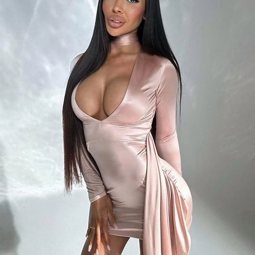 Load image into Gallery viewer, Irregular Sexy Mini Dress For Women Low Cut Long Sleeve Ruched Bodycon Dress Femme Elegant Club Party Sexy Dress New
