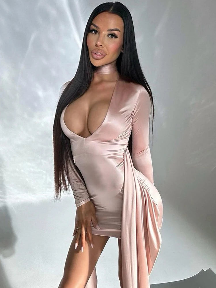 Irregular Sexy Mini Dress For Women Low Cut Long Sleeve Ruched Bodycon Dress Femme Elegant Club Party Sexy Dress New