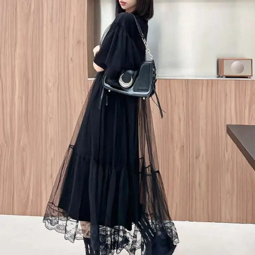 Load image into Gallery viewer, Women Black Mesh Spliced  Elegant Big Size Midi Dress New Round Neck Short Sleeve Fashion Tide Spring Summer 2025 1DH5056
