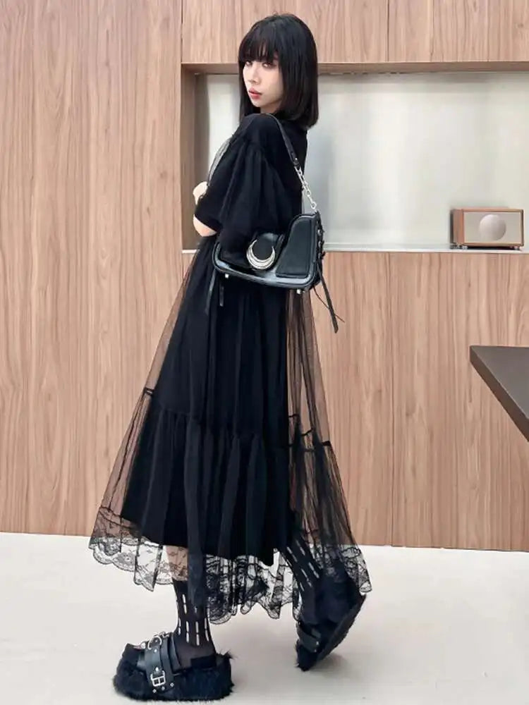 Women Black Mesh Spliced  Elegant Big Size Midi Dress New Round Neck Short Sleeve Fashion Tide Spring Summer 2025 1DH5056
