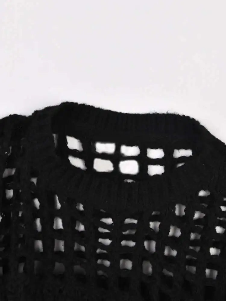 Women Black Knittng Hollow Out Big Size Long Dress New Round Neck Long Sleeve Fashion Tide Spring Autumn 2025 5WA10401