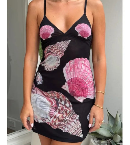 Sexy Spaghetti Strap Print Backless Slim  Mini Dress For Women's Spring Summer New 2025 Holiday Beach Female Clothing