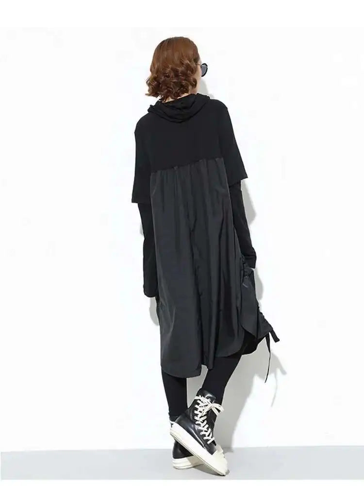 Women Black Drawstring Hollow Out Big Size Irregular Dress New Hooded Long Sleeve Fashion Tide Spring Autumn 2025 JD076