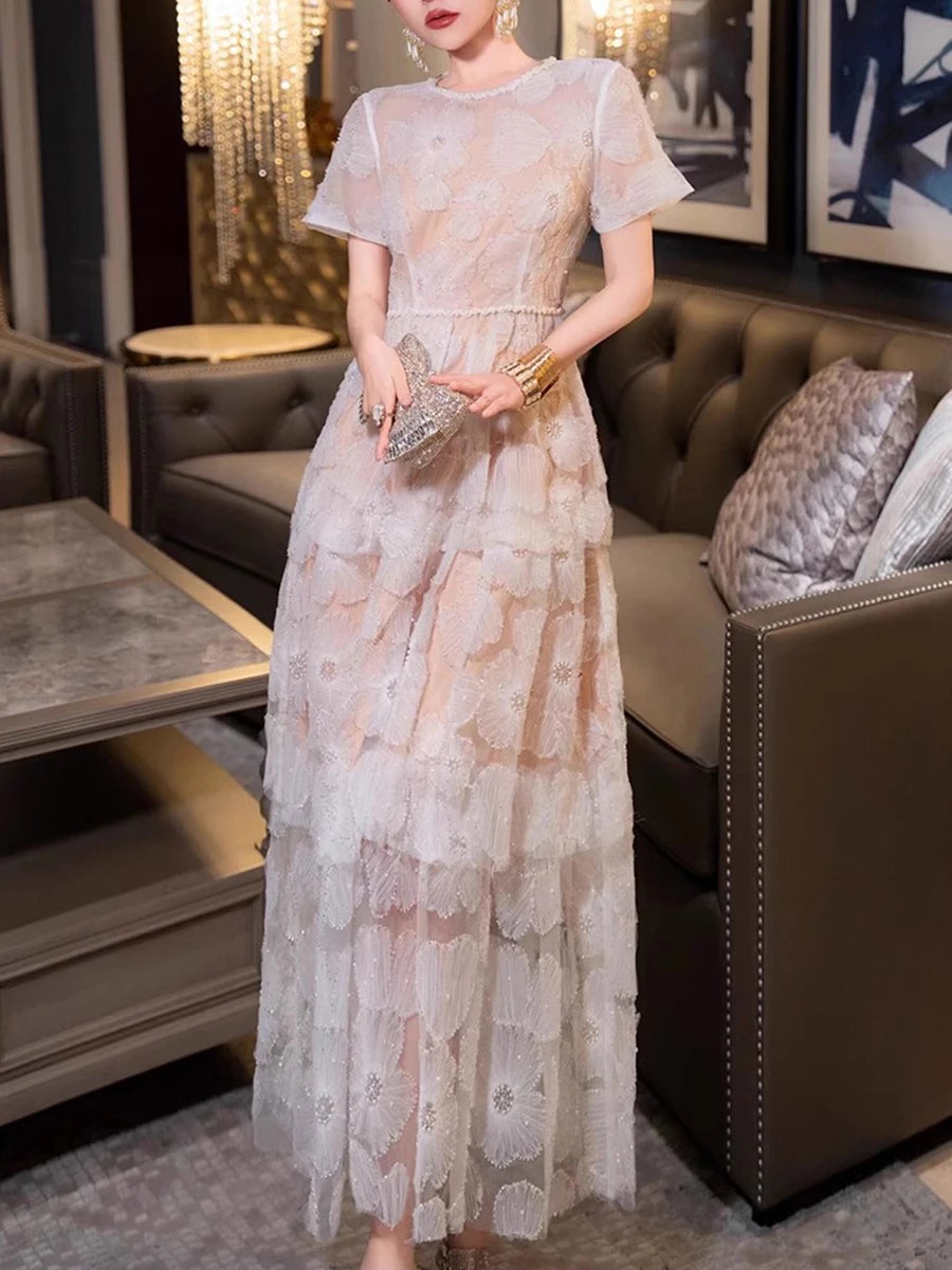 Hit Color Slimming Casual Elegant Dresses For Women O Neck Short Sleevehigh Waist Temperament Long Dress Female New