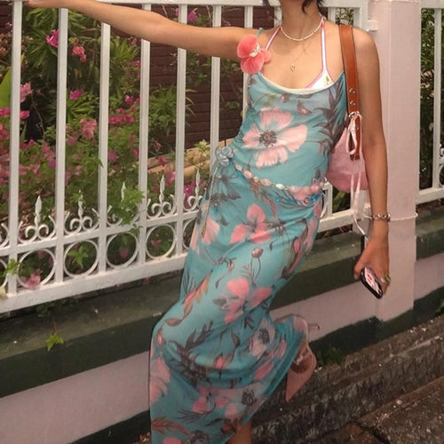 Load image into Gallery viewer, Fashion Chic Strap Mesh Maxi Dress Female Vintage Holidays French Flowers Printed Summer Dress Long Elegant Sundress
