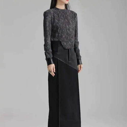 Load image into Gallery viewer, High Waist Black Pu Leather Spliced Long Back Slit Elegant Half-body Skirt Women Fashion New Spring Autumn 2025 1DH3993
