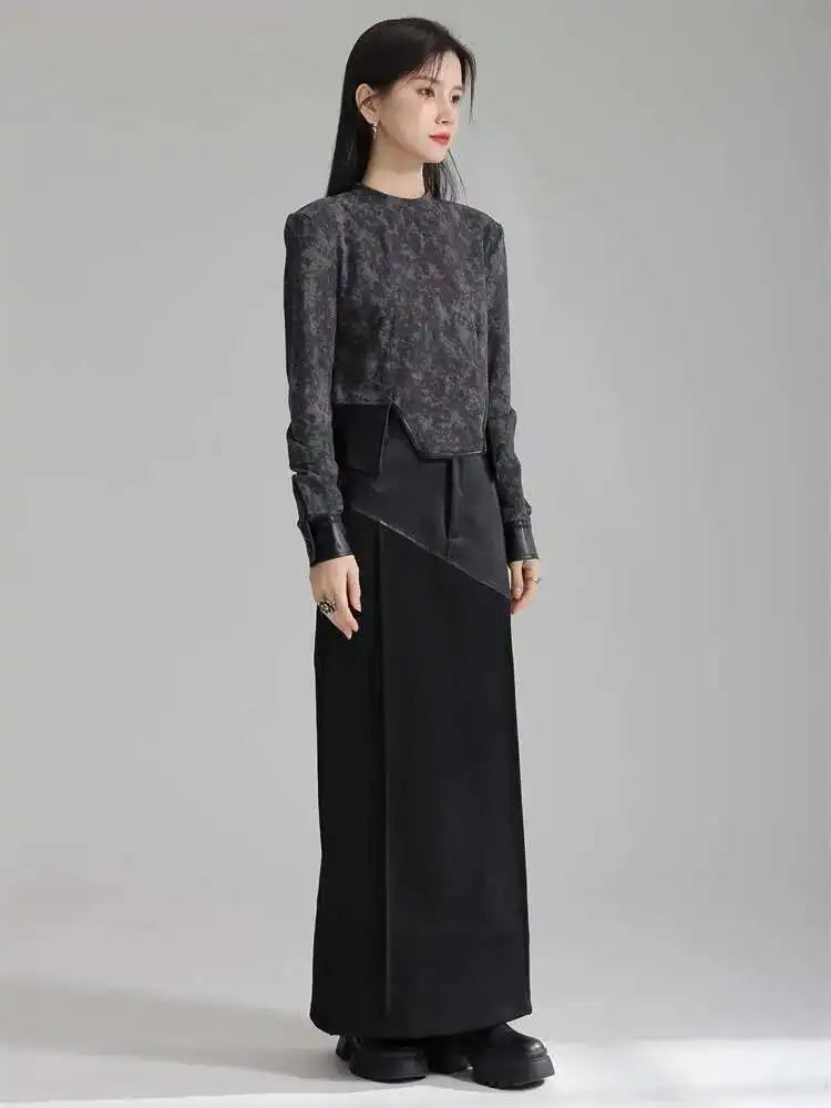 High Waist Black Pu Leather Spliced Long Back Slit Elegant Half-body Skirt Women Fashion New Spring Autumn 2025 1DH3993