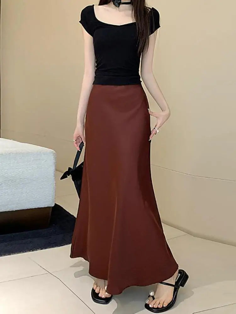 Vintage Fashion 2024 Spring Summer New Solid High Waist Fishtail Long Skirts Women Simplicity Festival Vacation Half Skirt Trend