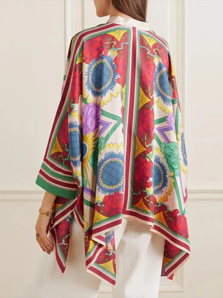 Stylish Selection Batwing Sleeves Flower Print Stand Collar Blouses Women Spring Summer High-low Buttoned Shirts Tops