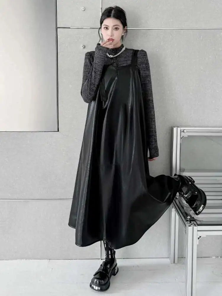 Women Black Pu Leather Big Size Casual Strap Dress New Square Collar Sleeveless Fashion Tide Spring Autumn 2025 1DH5160