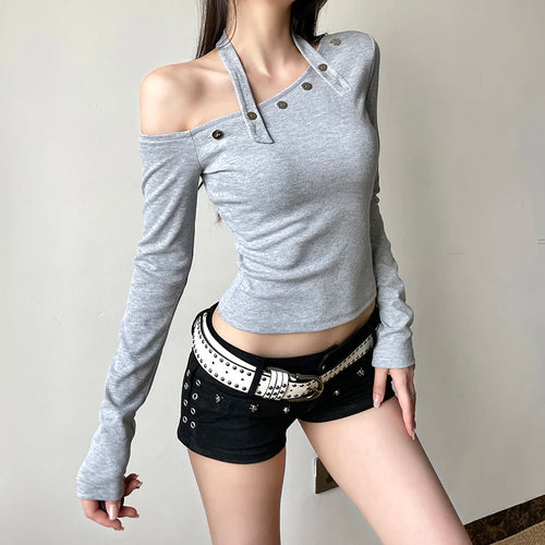 Load image into Gallery viewer, Korean Fashion Skew Collar Halter T-shirt Women Autumn Skinny Buttons Aesthetics Crop Top Tee Shirt Y2k Solid Popular
