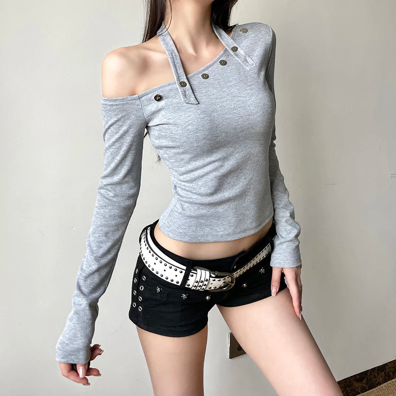 Korean Fashion Skew Collar Halter T-shirt Women Autumn Skinny Buttons Aesthetics Crop Top Tee Shirt Y2k Solid Popular