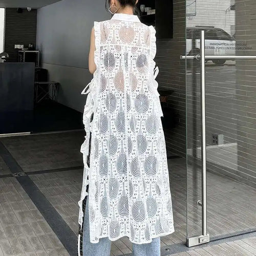 Load image into Gallery viewer, Women White Lace Perspective Ruffles Big Size Shirt Dress New Lapel Sleeveless Fashion Tide Spring Summer 2025 1DH6069
