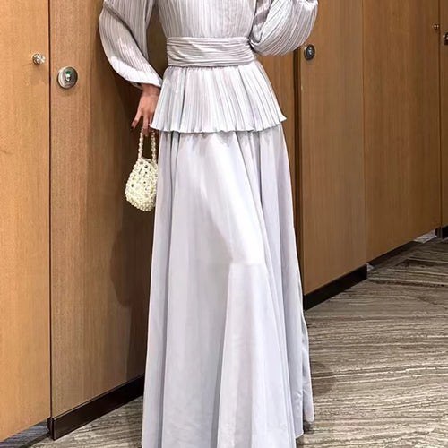 Load image into Gallery viewer, Solid Spliced Ruffles Loose Dresses For Women O Neck Long Sleeve High Waist Temperament Long Dress Female Fashion
