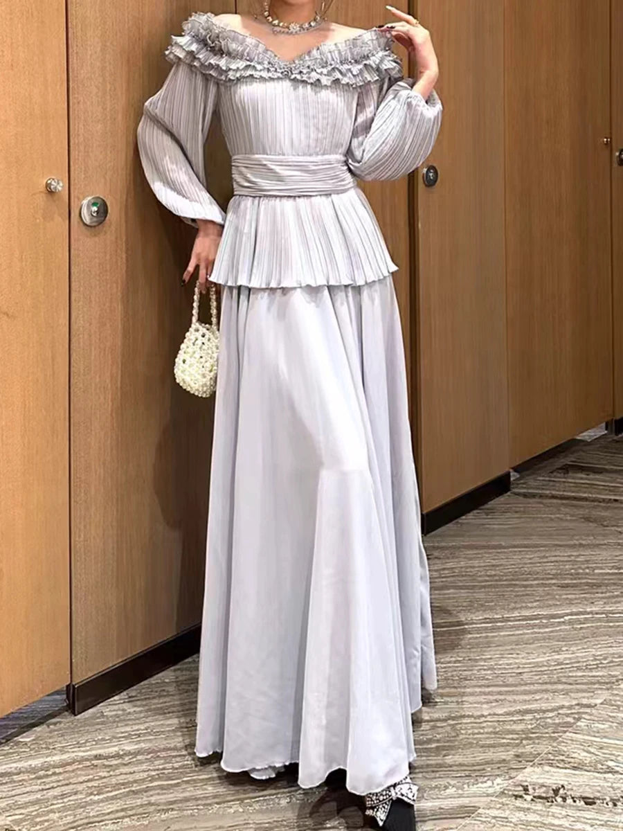 Solid Spliced Ruffles Loose Dresses For Women O Neck Long Sleeve High Waist Temperament Long Dress Female Fashion