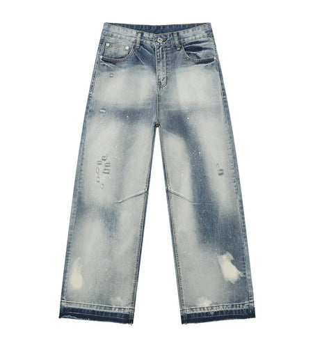 Niche Design Men's Denim Trousers Splash-ink Contrast Color Mill White Raw Edge Baggy Male Straight Leg Jeans Chic 9W1268
