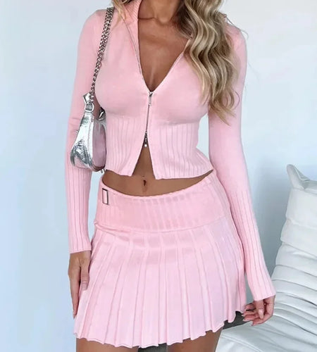 Knit Sweater Two Piece Sets Women Tracksuit Long Sleeve Double Zipper Skirt Suit Female Solid Casual Knit Sweatshirt