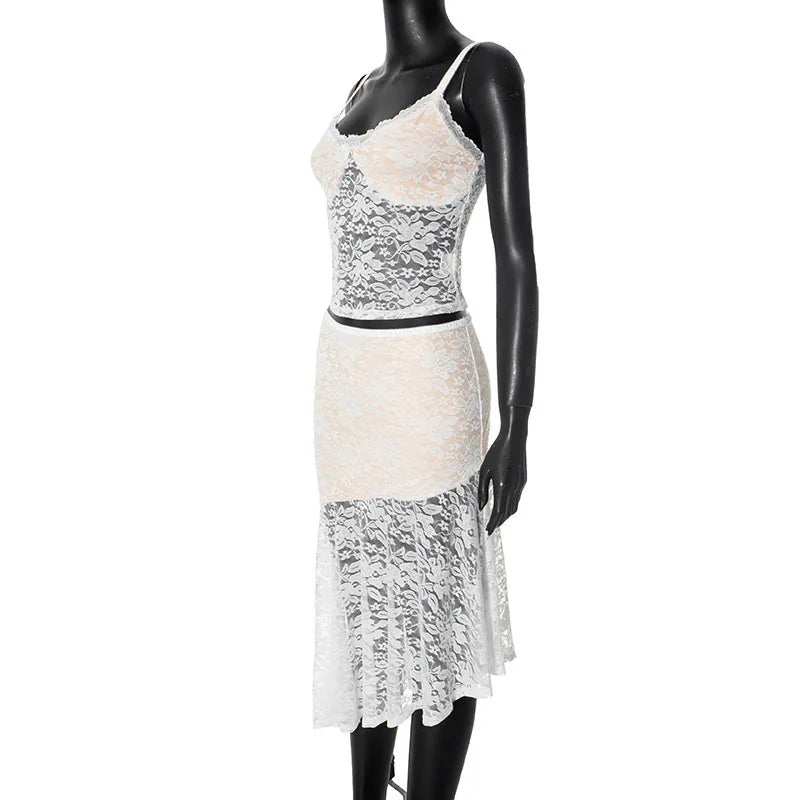 Lace Sexy Two Piece Sets Women Lace Halter Cropped Tops And Skirt Ladies Print Contrast Color Club Party 2 Piece Sets