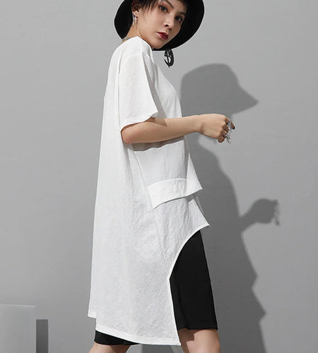 Women White Irregular Hem Big Size Casual Long T-shirt New Round Neck Short Sleeve Fashion Tide Spring Summer 2025 1DJ1802