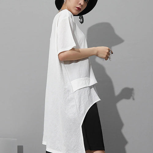 Load image into Gallery viewer, Women White Irregular Hem Big Size Casual Long T-shirt New Round Neck Short Sleeve Fashion Tide Spring Summer 2025 1DJ1802
