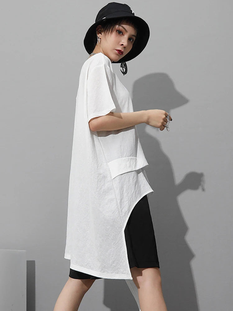 Women White Irregular Hem Big Size Casual Long T-shirt New Round Neck Short Sleeve Fashion Tide Spring Summer 2025 1DJ1802