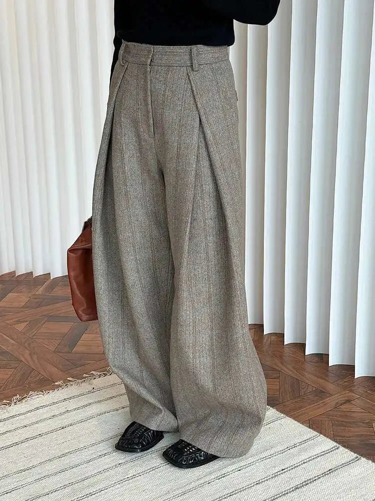 High Waist Brown Striped Pleated Long Thick Wool Wide Leg Pants New Trousers Women Fashion Tide Autumn Winer 2025 1DH7548