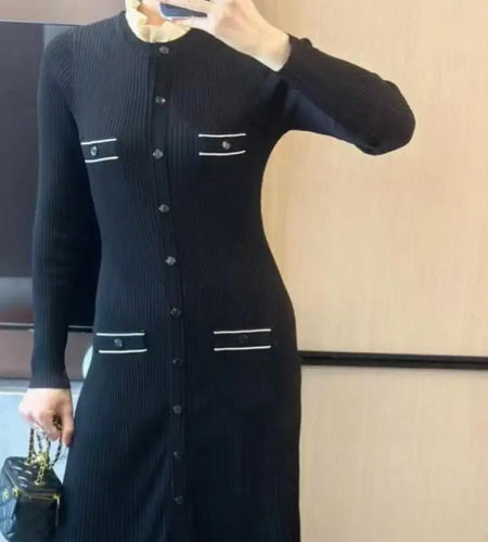 Korean 2024 Autumn Winter New Ladies Black Elegant Long Sleeve Knitted Dress Women Fashion Crew Neck Slim Single Breasted Dress