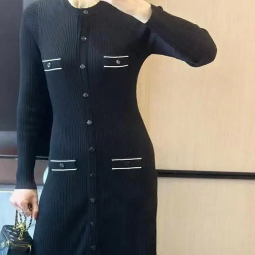 Load image into Gallery viewer, Korean 2024 Autumn Winter New Ladies Black Elegant Long Sleeve Knitted Dress Women Fashion Crew Neck Slim Single Breasted Dress
