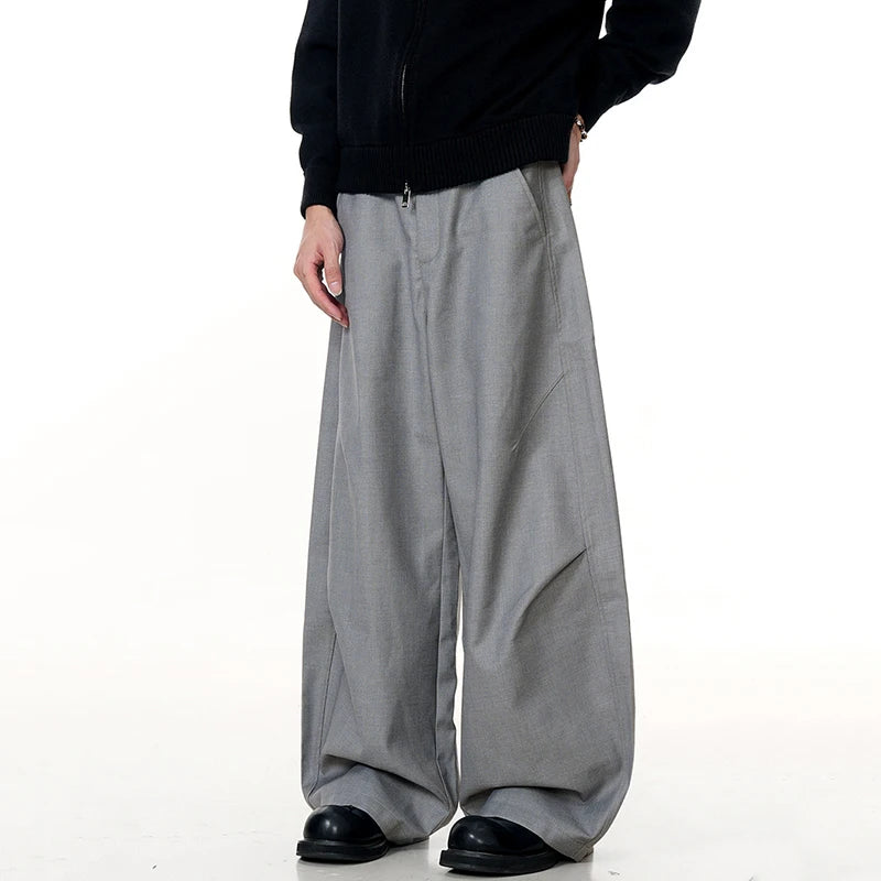 Men's Suit Pants New American High Street Curved Knife Chic Loose Pleated Niche Design Solid Color Male Trousers 9W1951