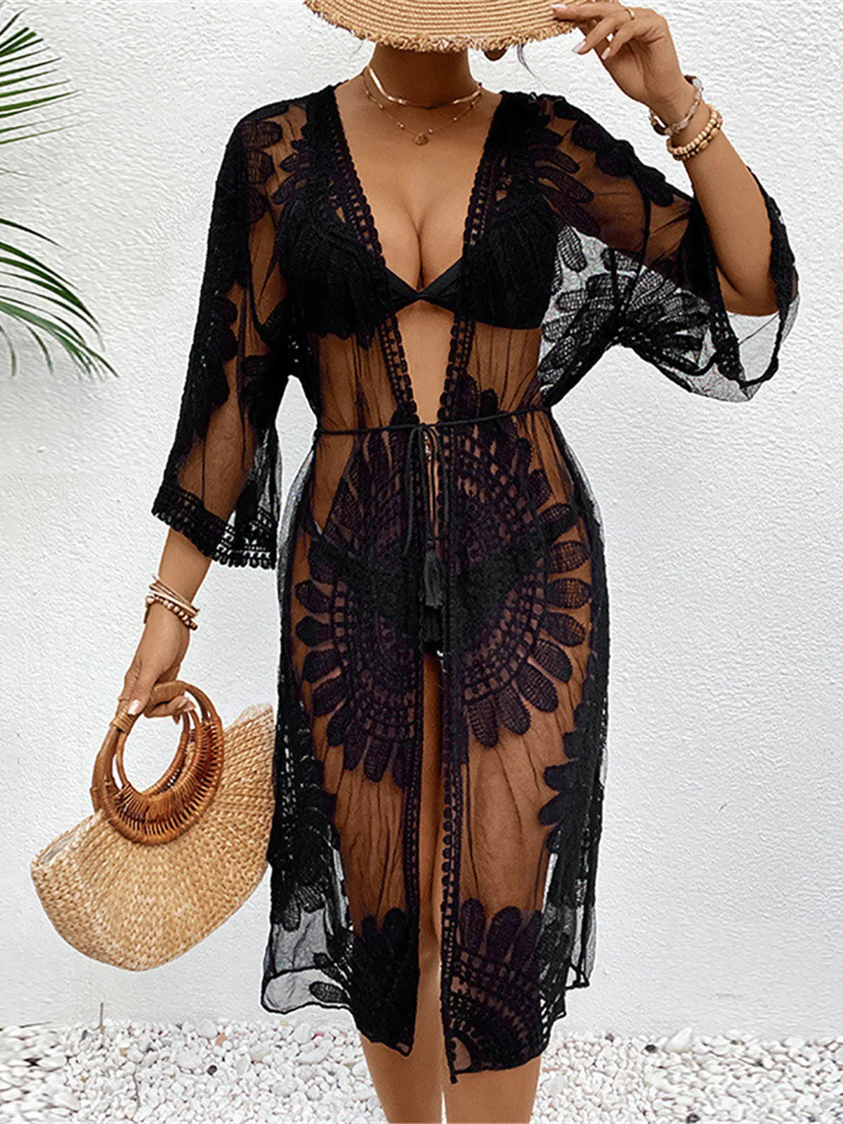 Sexy Embroidery Half Sleeve Chiffon Cardigan Tunic Beach Cover Up Cover-ups Beach Dress Beach Wear Beachwear Female Women V5510