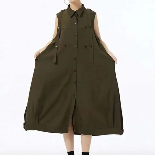 Load image into Gallery viewer, Women Army Green Button Big Size Midi Casual Shirt Dress New Lapel Sleeveless Fashion Tide Spring Summer 2025  1DH6614
