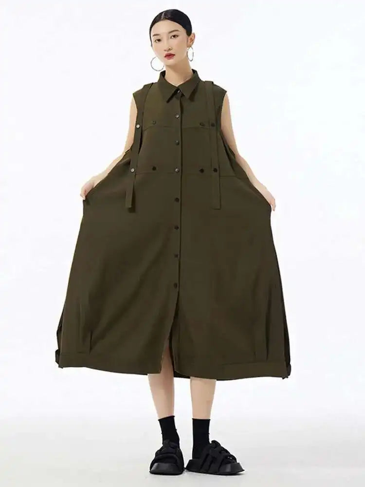 Women Army Green Button Big Size Midi Casual Shirt Dress New Lapel Sleeveless Fashion Tide Spring Summer 2025  1DH6614