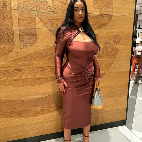 Load image into Gallery viewer, Hollow Out Long Sleeve Sexy Maxi Dress For Women Gown Autumn Winter New Metal Buckle Ruched Slit Long Dress Elegant
