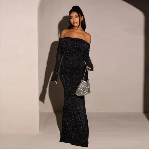 Load image into Gallery viewer, Glitter Off-shoulder Sexy Maxi Dress For Women Gown Black Strapless Long Sleeve Bodycon Club Party Sparkle Long Dress

