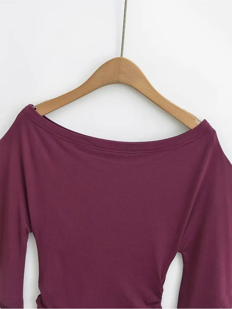 Korean style Women Summer Sexy Bat Sleeve Slash Neck Off Shoulder T-shirt Cinching Waist Solid Slim Top